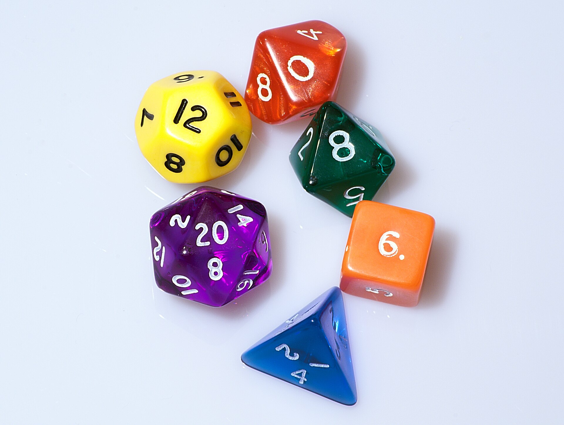 A colourful set of polyhedral role-playing game dice